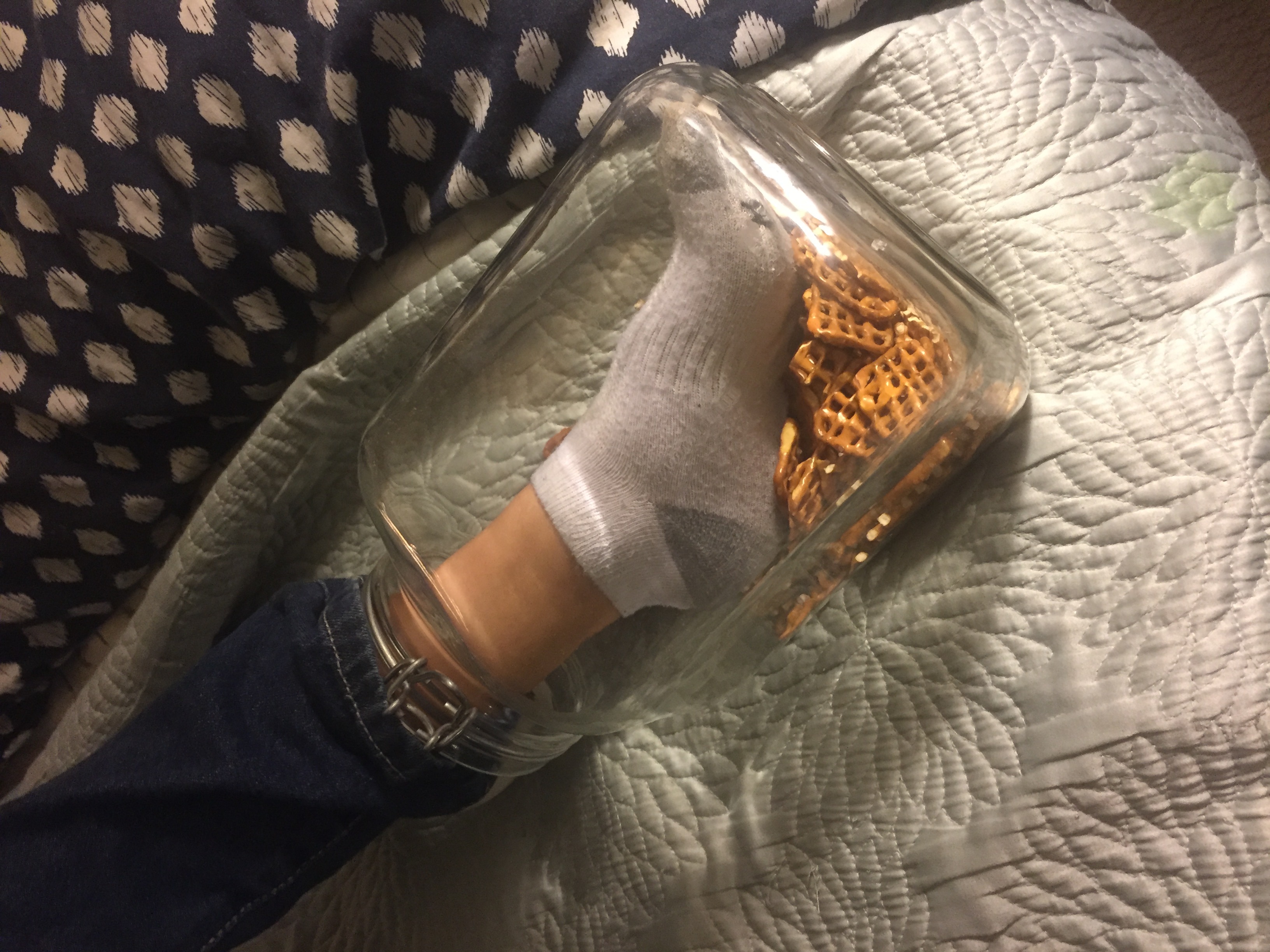 Foot in pretzel jar www.thethreeyearexperiment.com